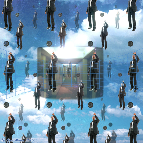 multiple images of a man superimposed over images of a hallway floating in the sky
