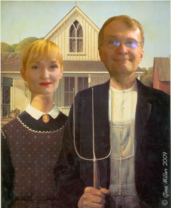 photoedited image made from Grant Wood painting American Gothic, with faces substituted