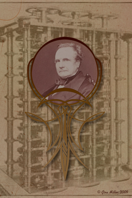 Portrait of Charles Babbage in front of image of his difference engine